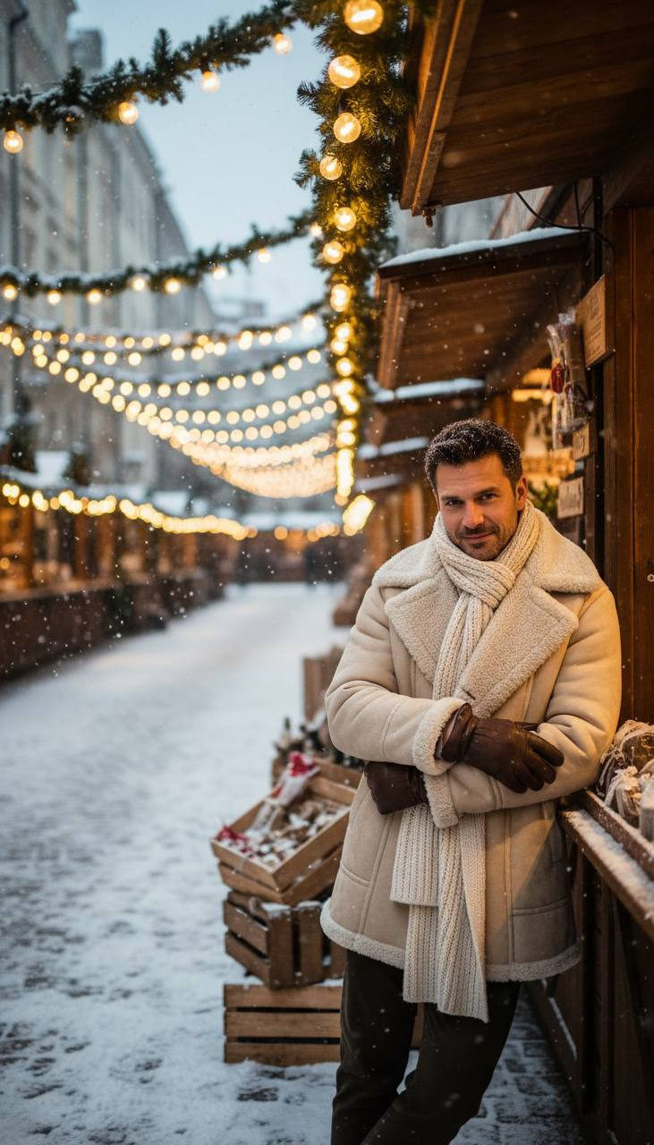 A hyper-realistic man portrait featuring a confident smirk, standing in a snowy street with warm garlands overhead.