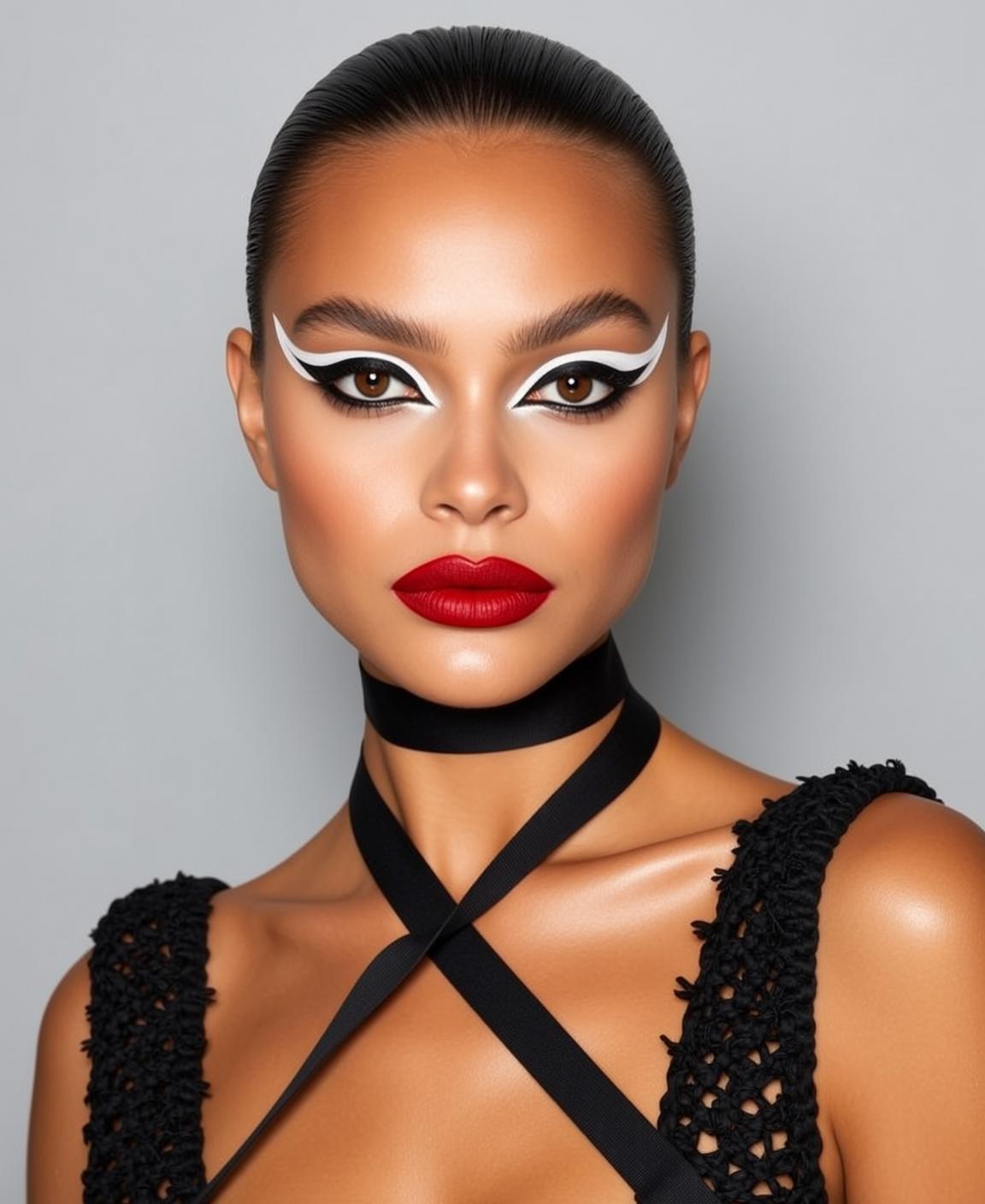 Photorealistic Portrait Young Woman With Dark Slicked-back Hair Facing Forward