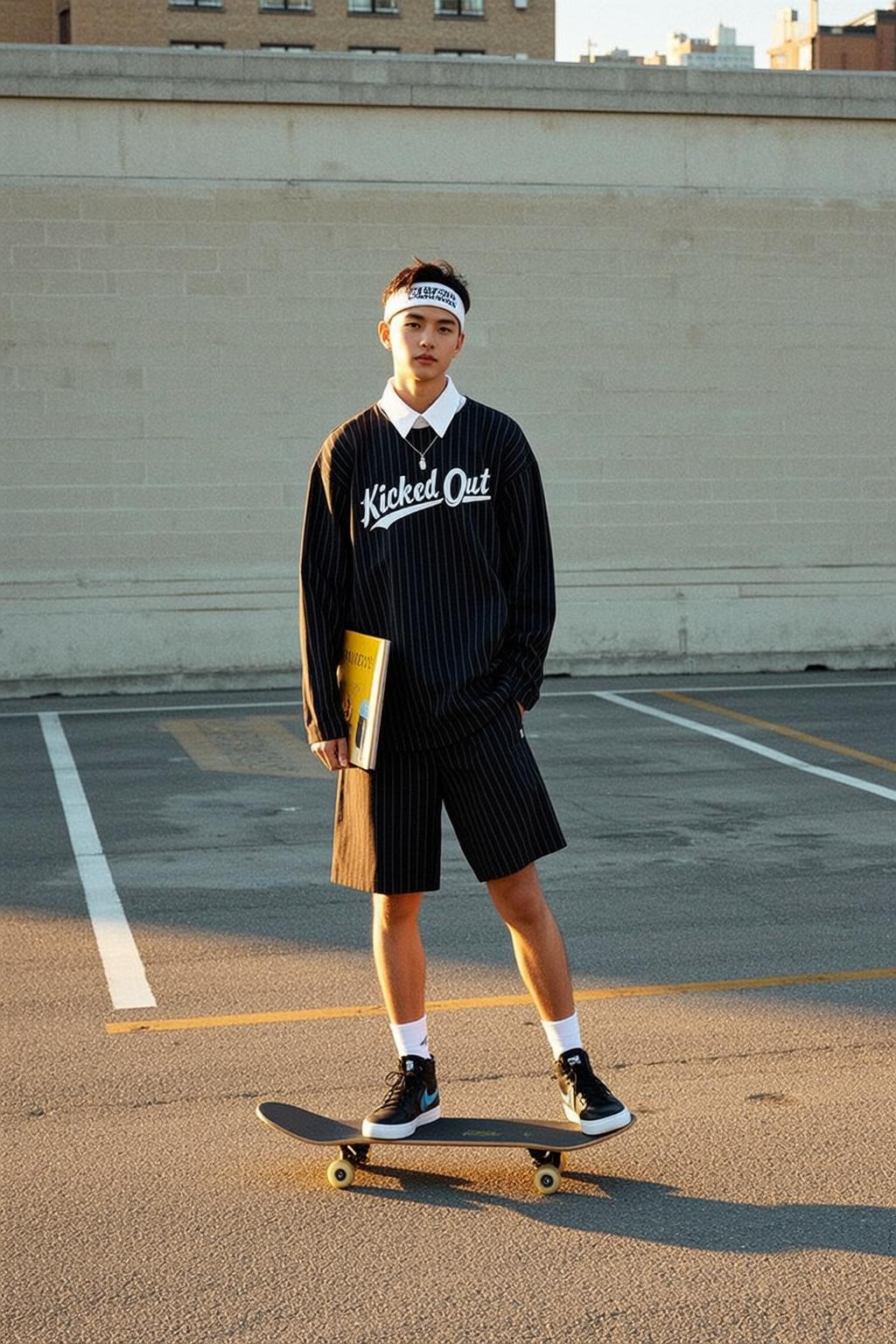 Asian Man Skateboard Yellow Book Parking Lot