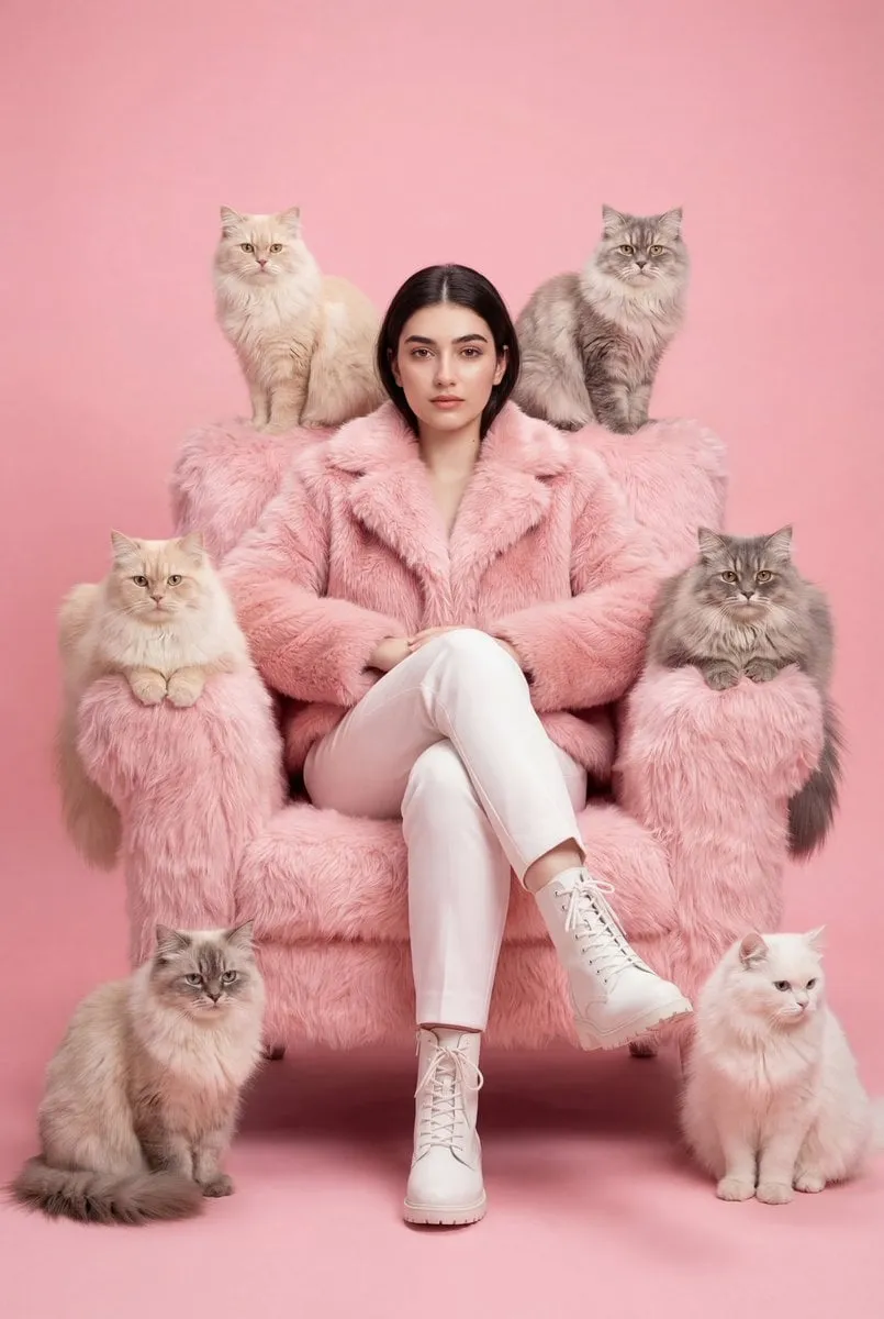 Pink Fur Armchair With Cats Fashion Editorial