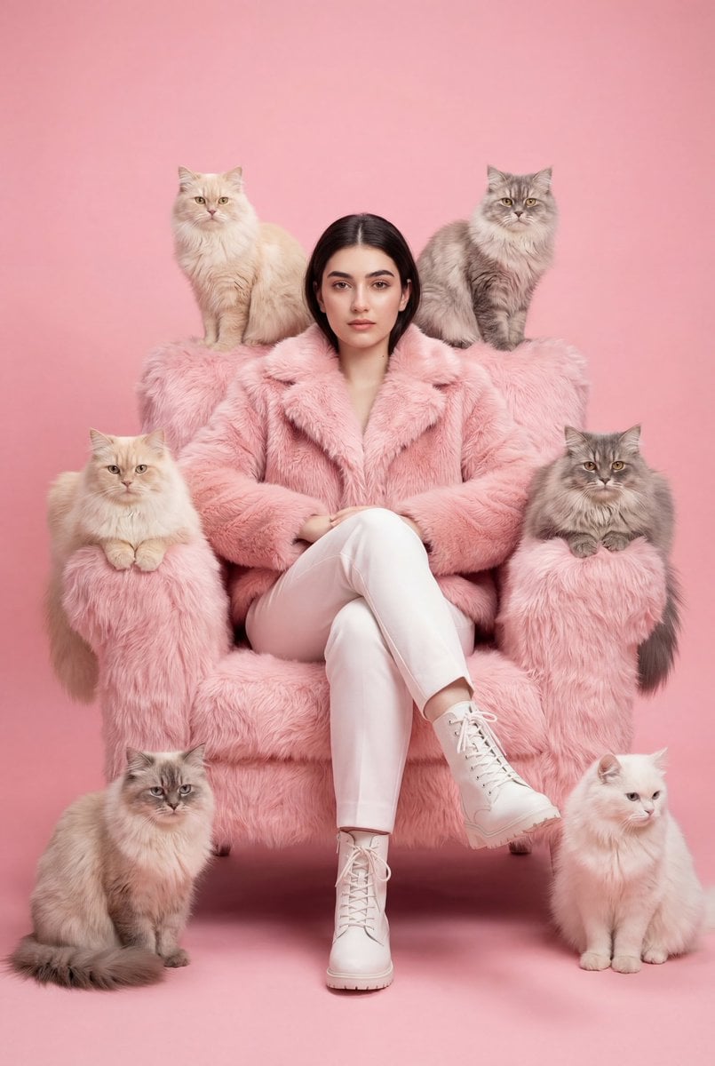 Pink Fur Armchair With Cats Fashion Editorial