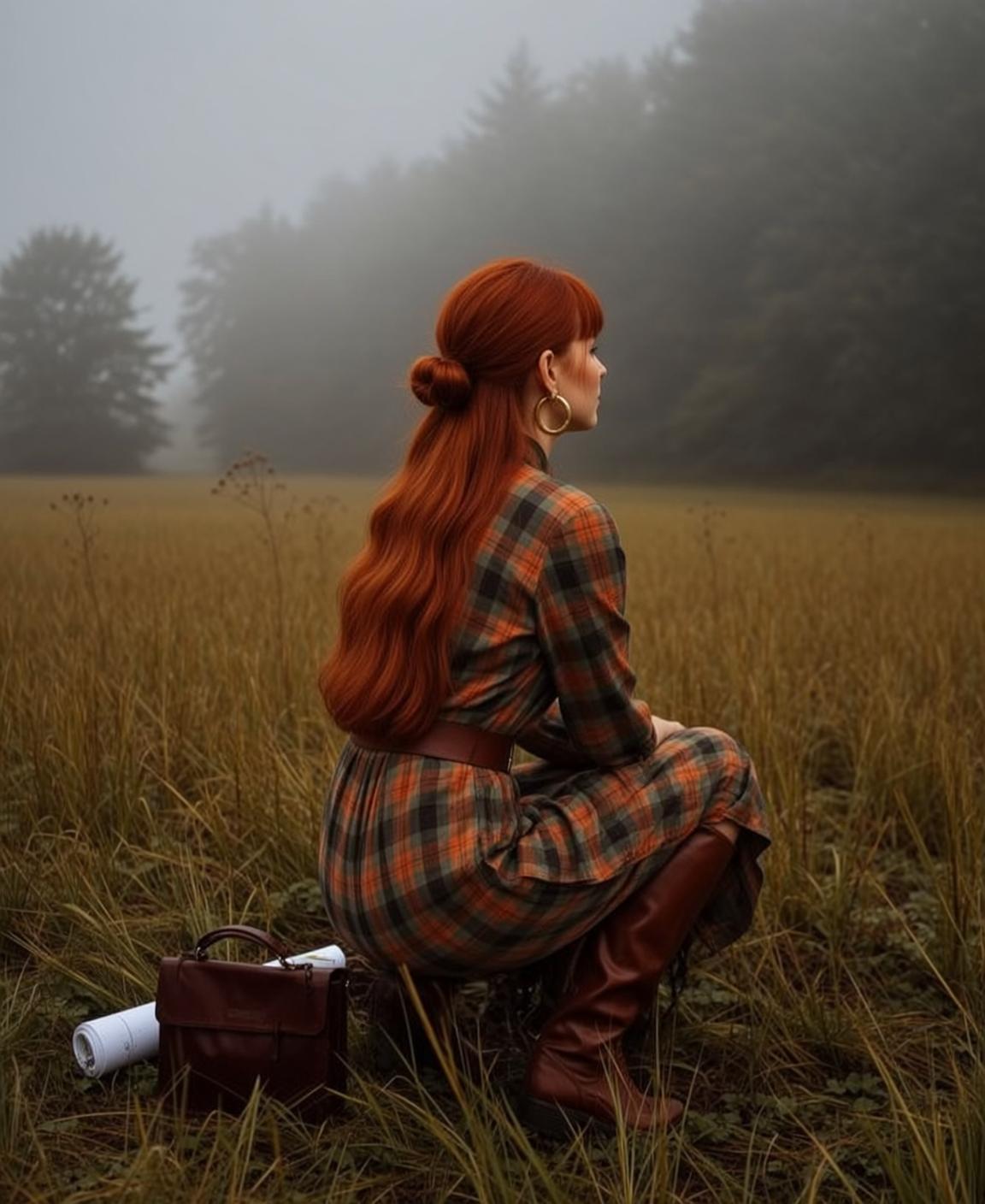 Plaid Dress Foggy Field Pose