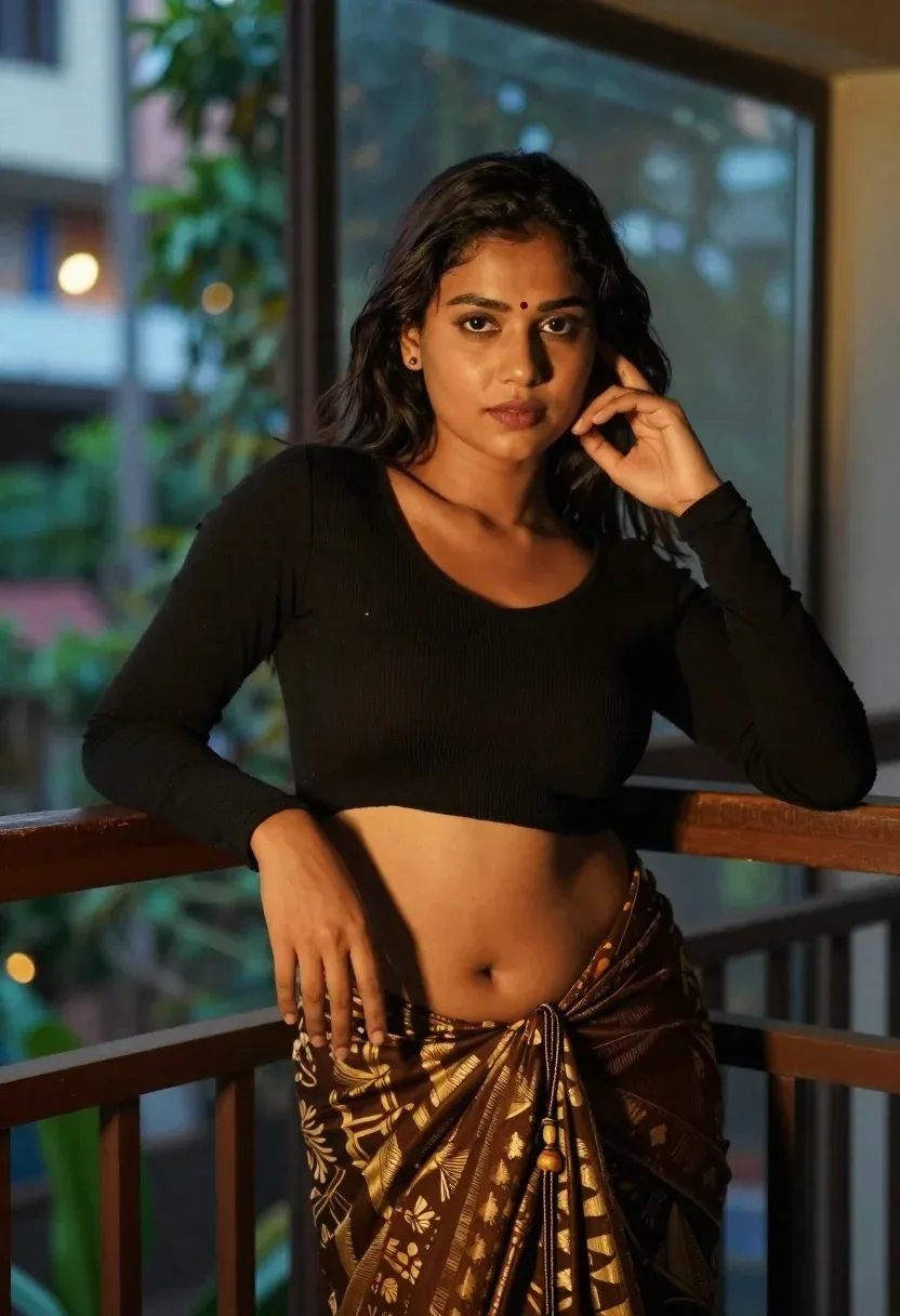 Confident Woman Leans Against Wooden Railing With One Hand Resting