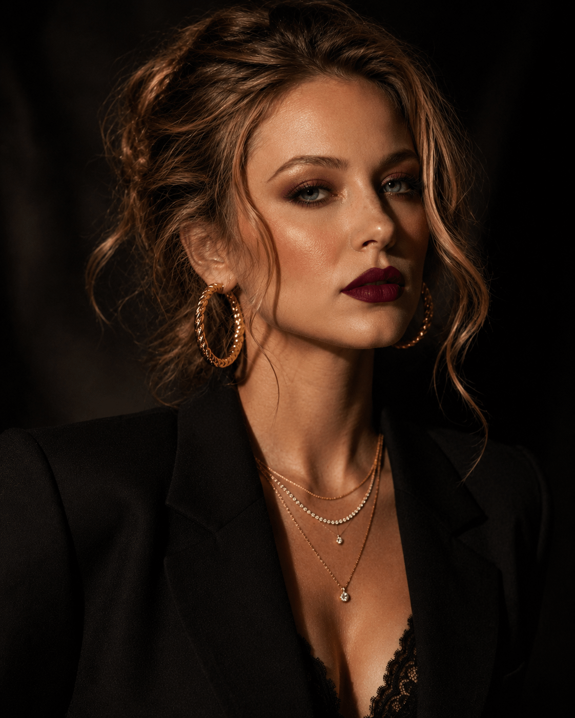 Elegant woman in a black blazer and lace camisole, dramatic lighting, tousled updo hairstyle, deep red lipstick.