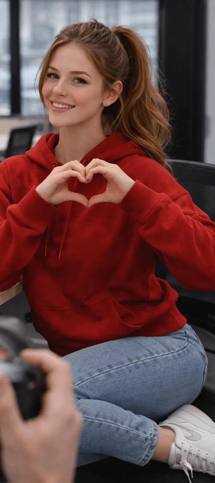 Office Photoshoot With Red Hoodie And Heart Hands
