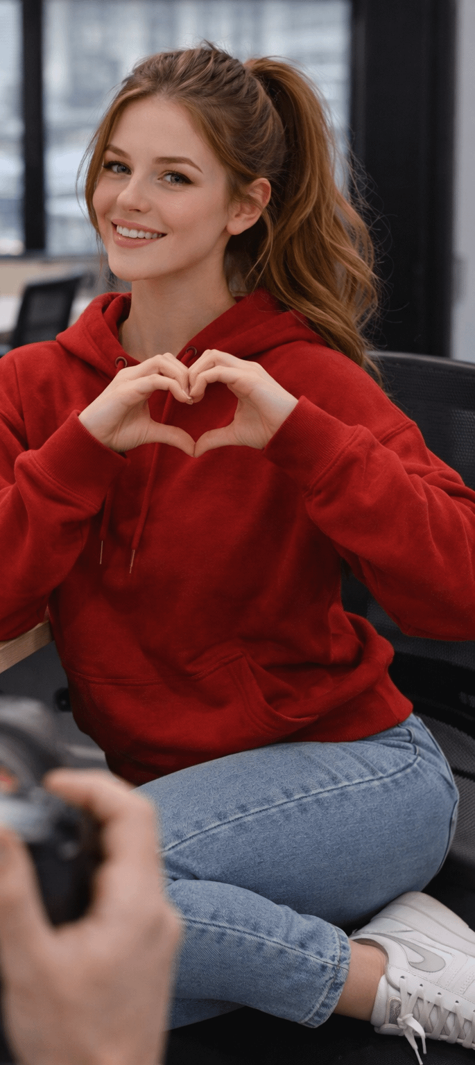 Office Photoshoot With Red Hoodie And Heart Hands