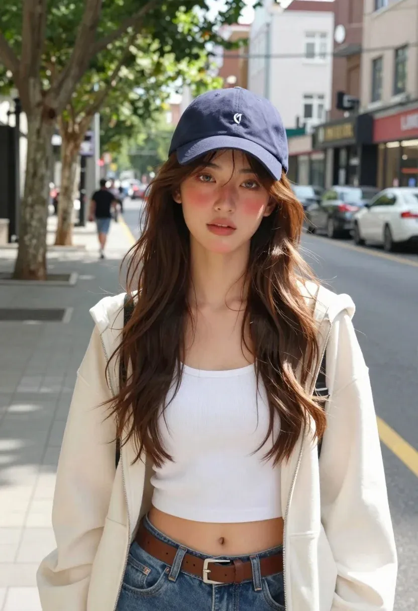 Young Woman Stands The Foreground City Street Looking Directly The