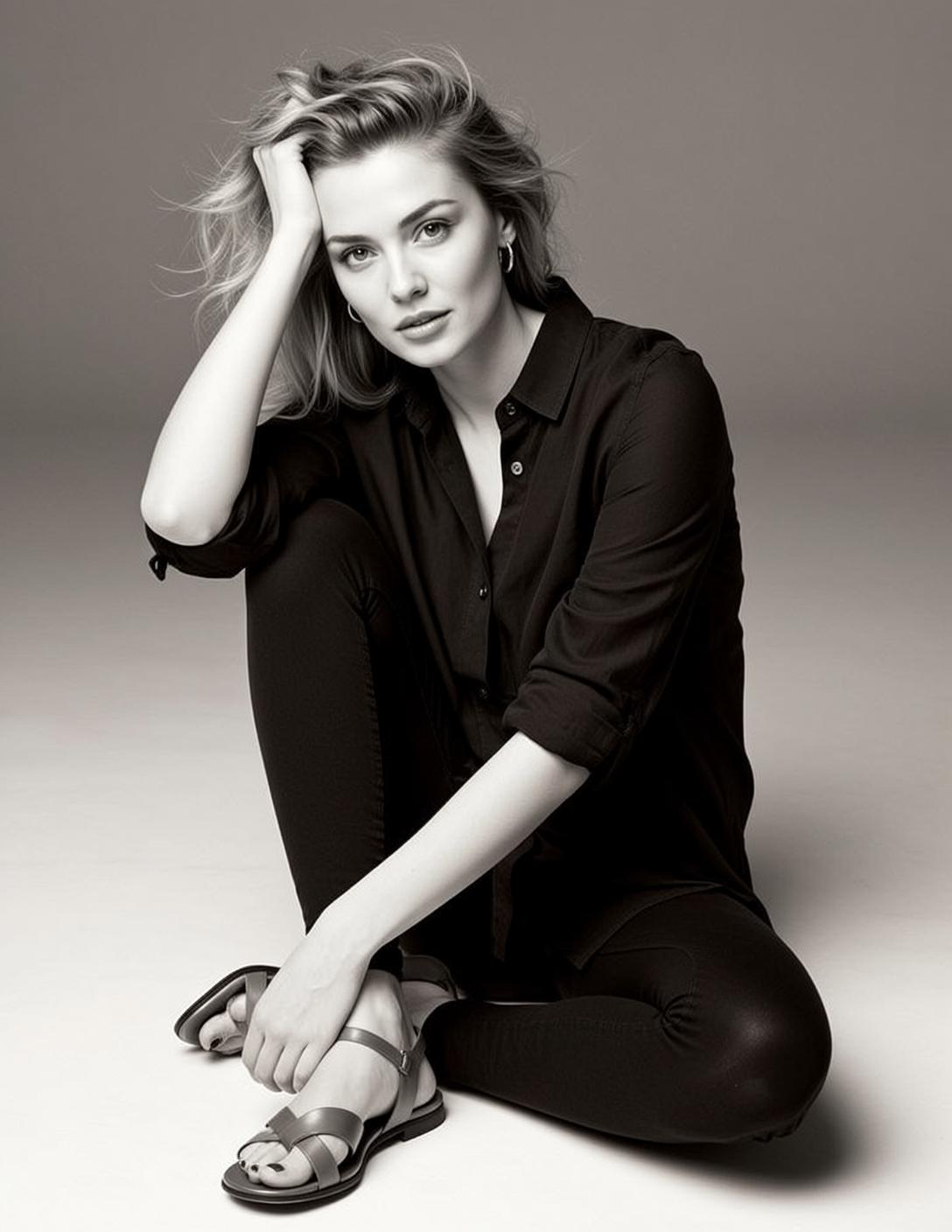 Luxury Young Blonde Tousled Fair Black Button-up