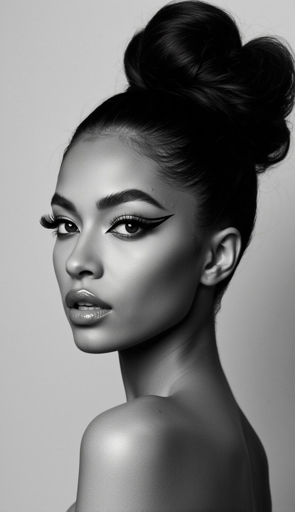 Photorealistic Portrait Young Woman With Dark Slicked-back Hair Styled Into