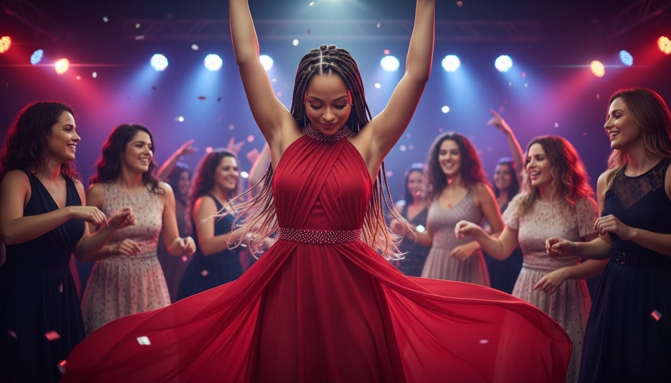 A woman in a red dress dancing joyfully at a lively women's party, hands raised to the sky.