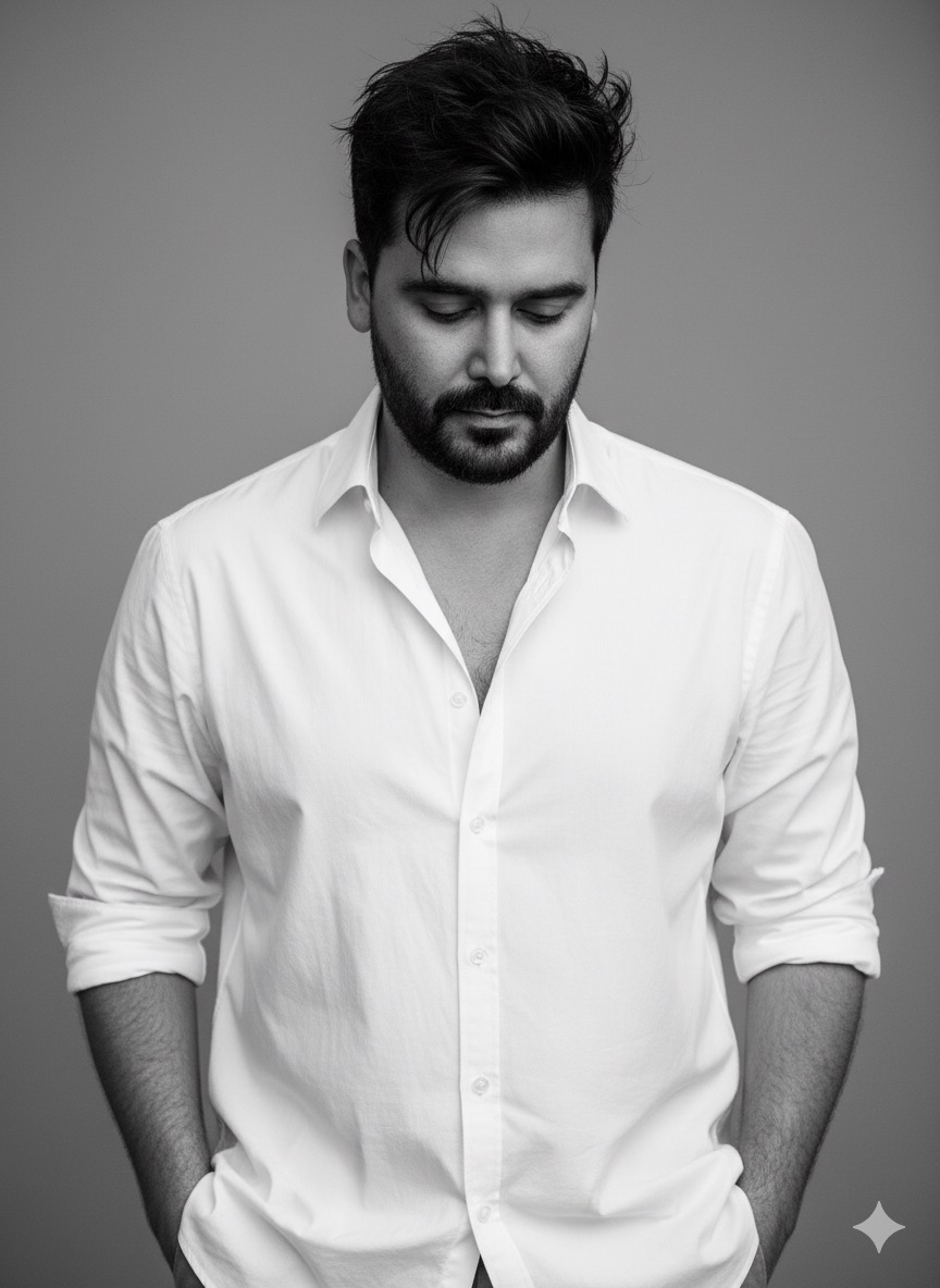 A high-fashion editorial portrait of a model in a relaxed white cotton shirt, exuding calmness with unbuttoned sleeves and natural hair texture.