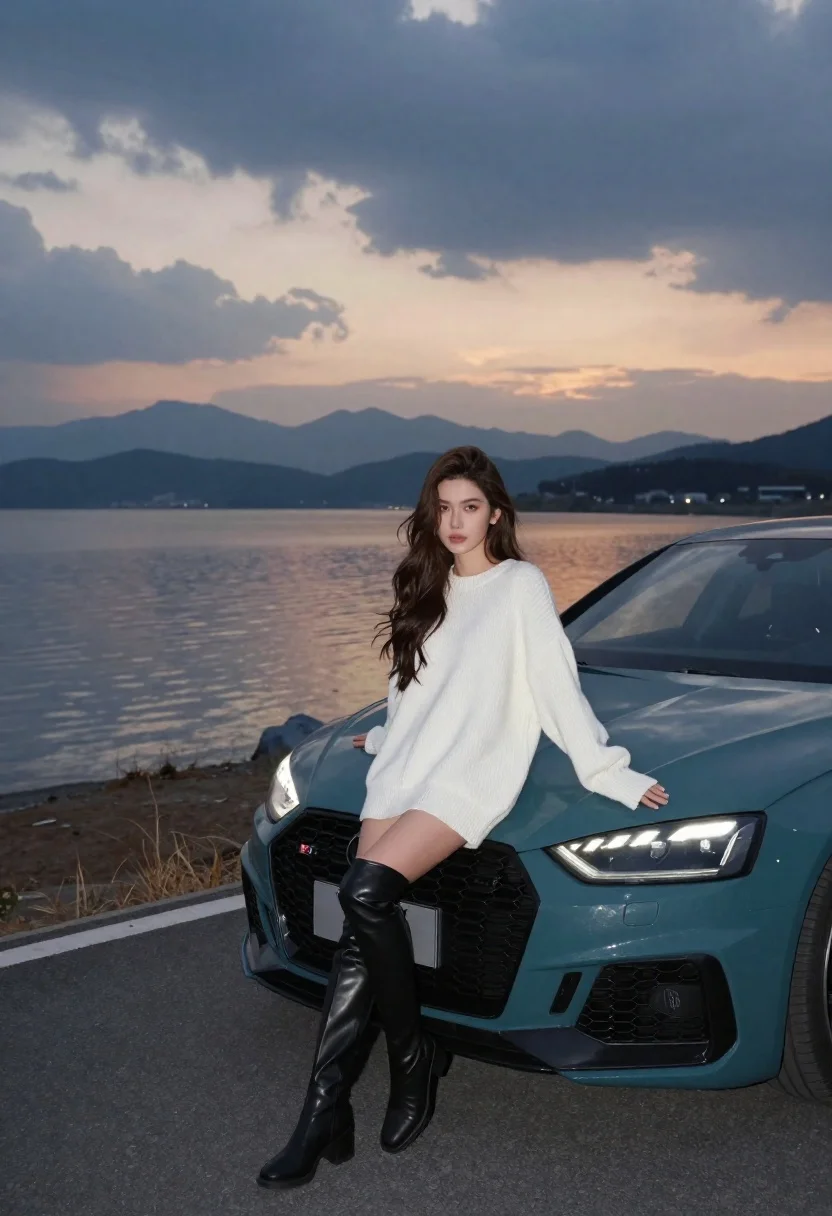 Cinematic Portrait Woman Leaning Against The Front Hood Sleek Teal reference photo