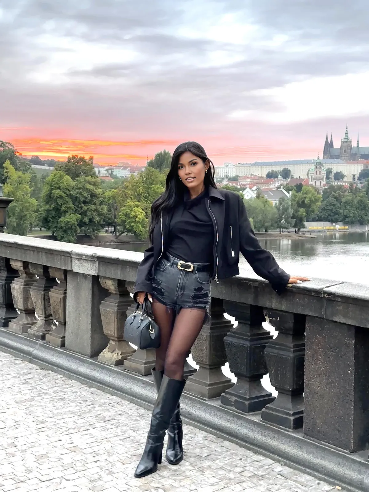 Outdoor Portrait Stone Bridge River Historic City Sunset