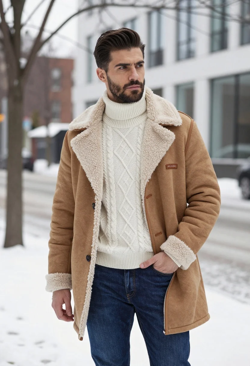 Stylish Man Stands Snowy Urban Setting Wearing Tan Shearling Coat