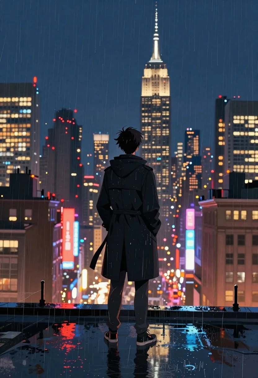 Digital Painting Solitary Figure Standing Wet Rooftop Night Overlooking Vibrant reference photo