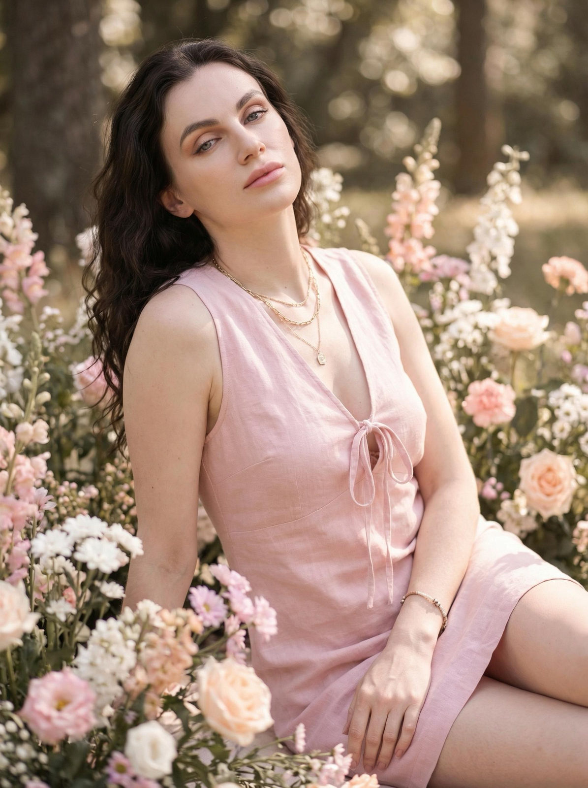 A woman in a light pink linen dress surrounded by a lush floral arrangement with wildflowers in pastel colors.
