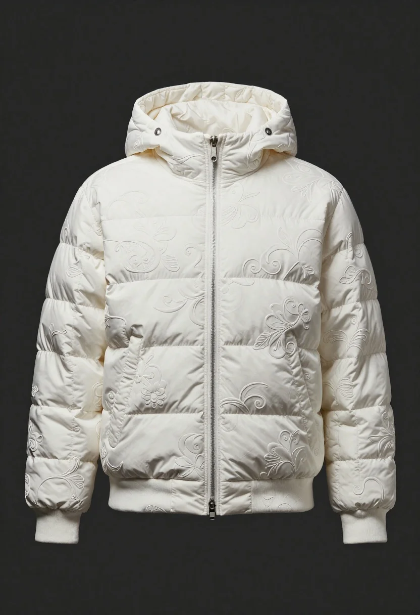 Studio Shot White Hooded Puffer Jacket Displayed Against Dark Background reference photo