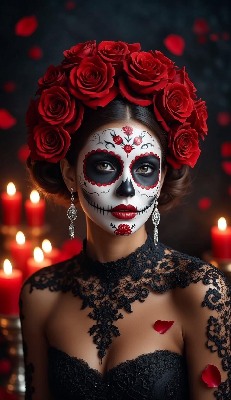 Sugar Skull with Roses and Candles