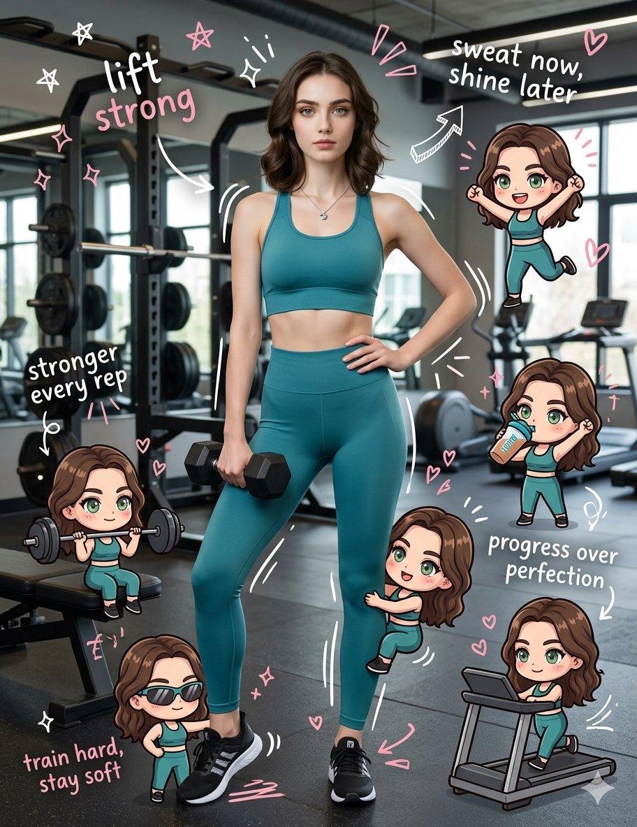 Chibi Gym Poster Teal Outfit Dumbbell Pose