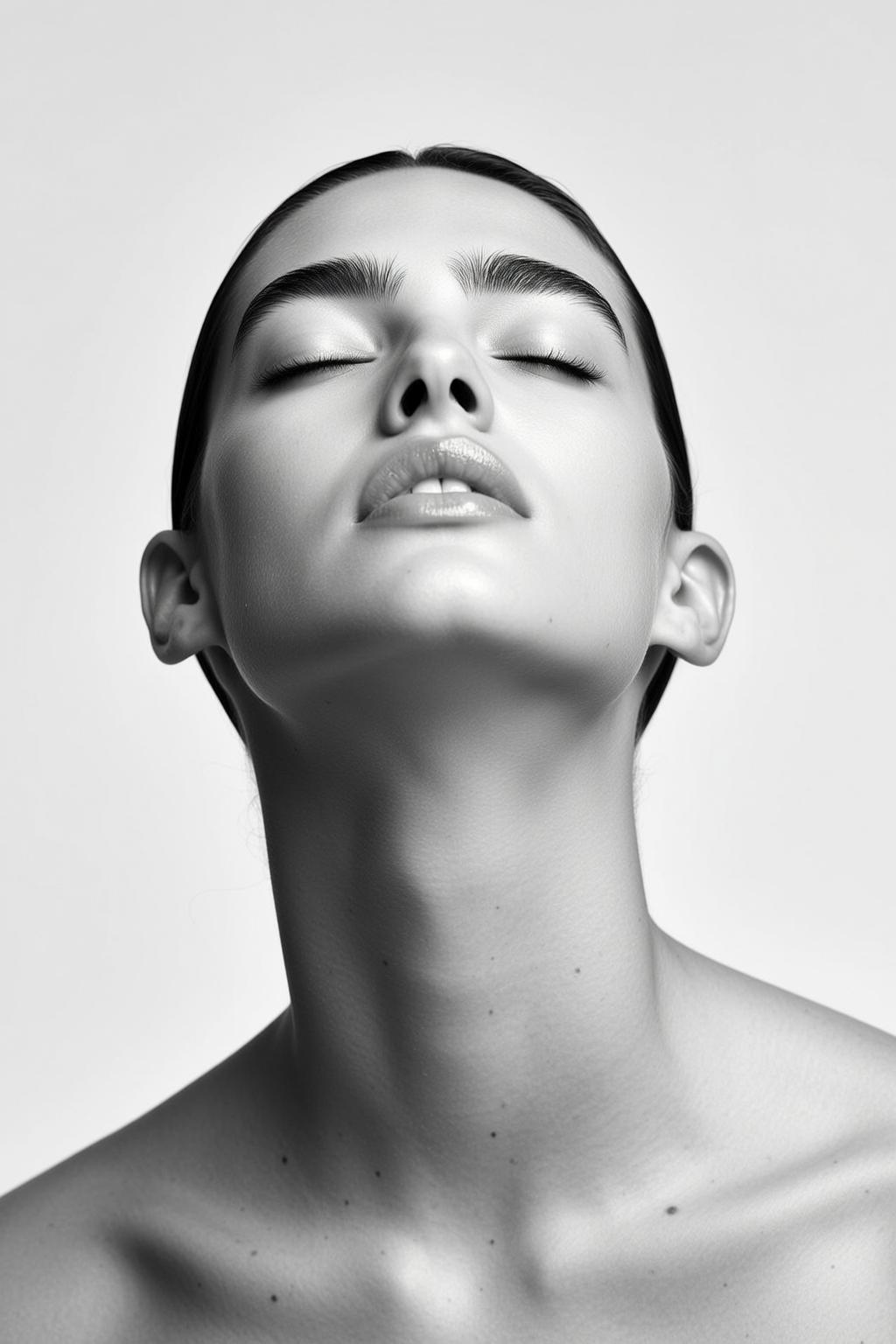Photorealistic Black And White Medium Shot Portrait Young Woman With