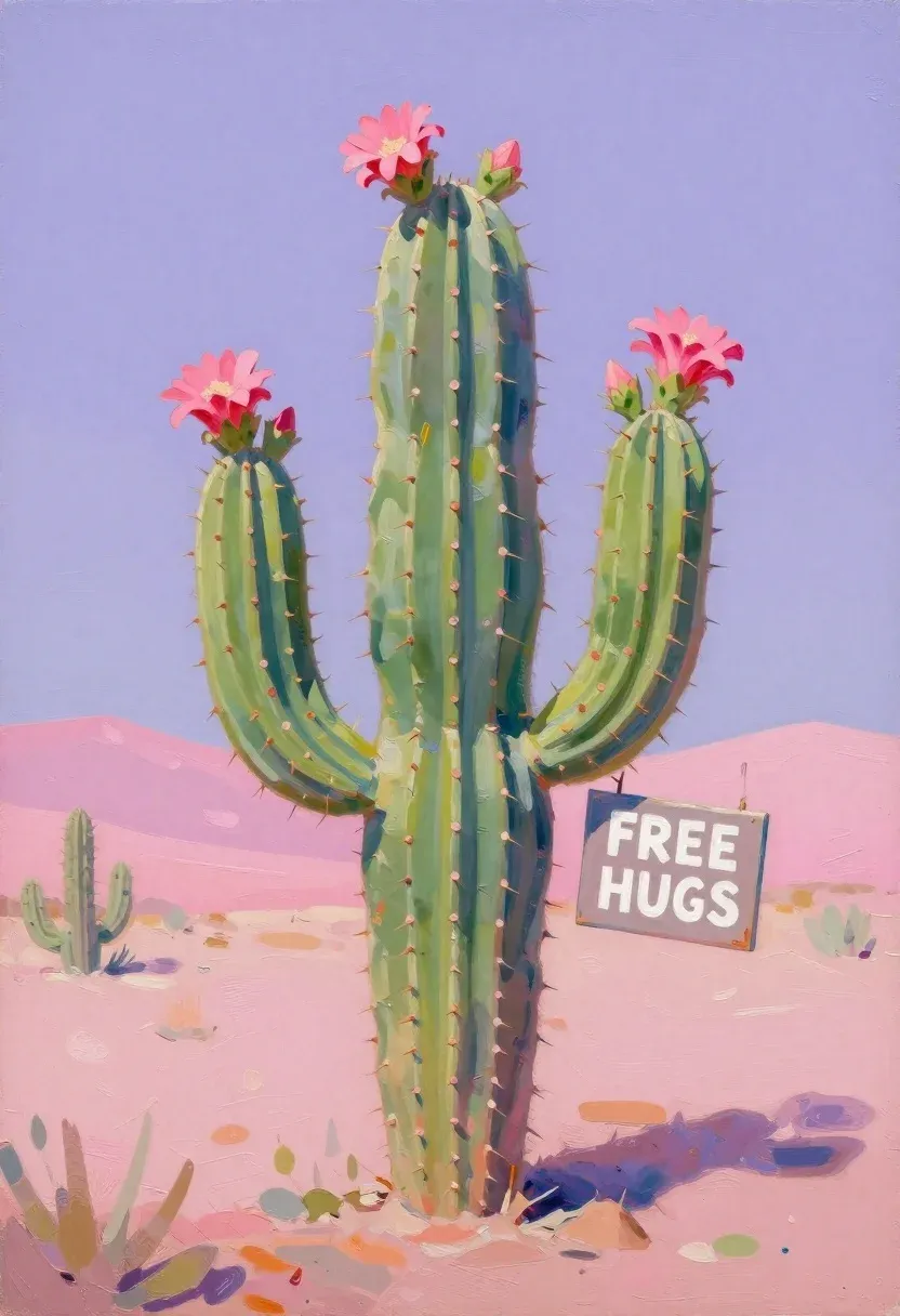Oil Painting Cheerful Cactus Pastel Landscape Subject Large Green Cactus