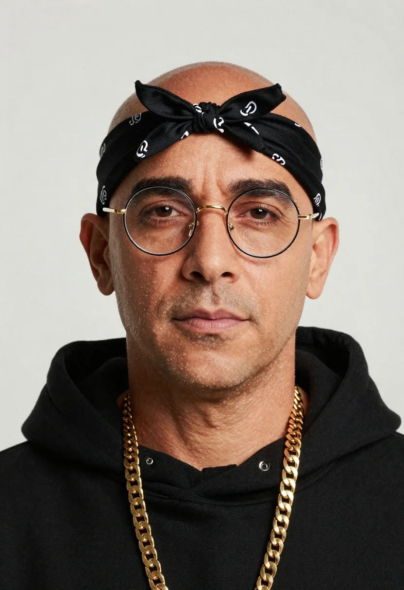 Close-up Portrait Bald Man Wearing Round Gold-rimmed Glasses And Black