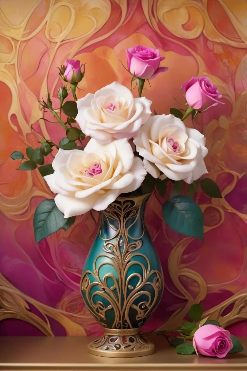 Teal Vase Roses Abstract Gold Art Nouveau Background