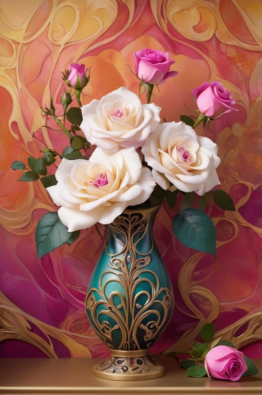 Teal Vase Roses Abstract Gold Art Nouveau Background