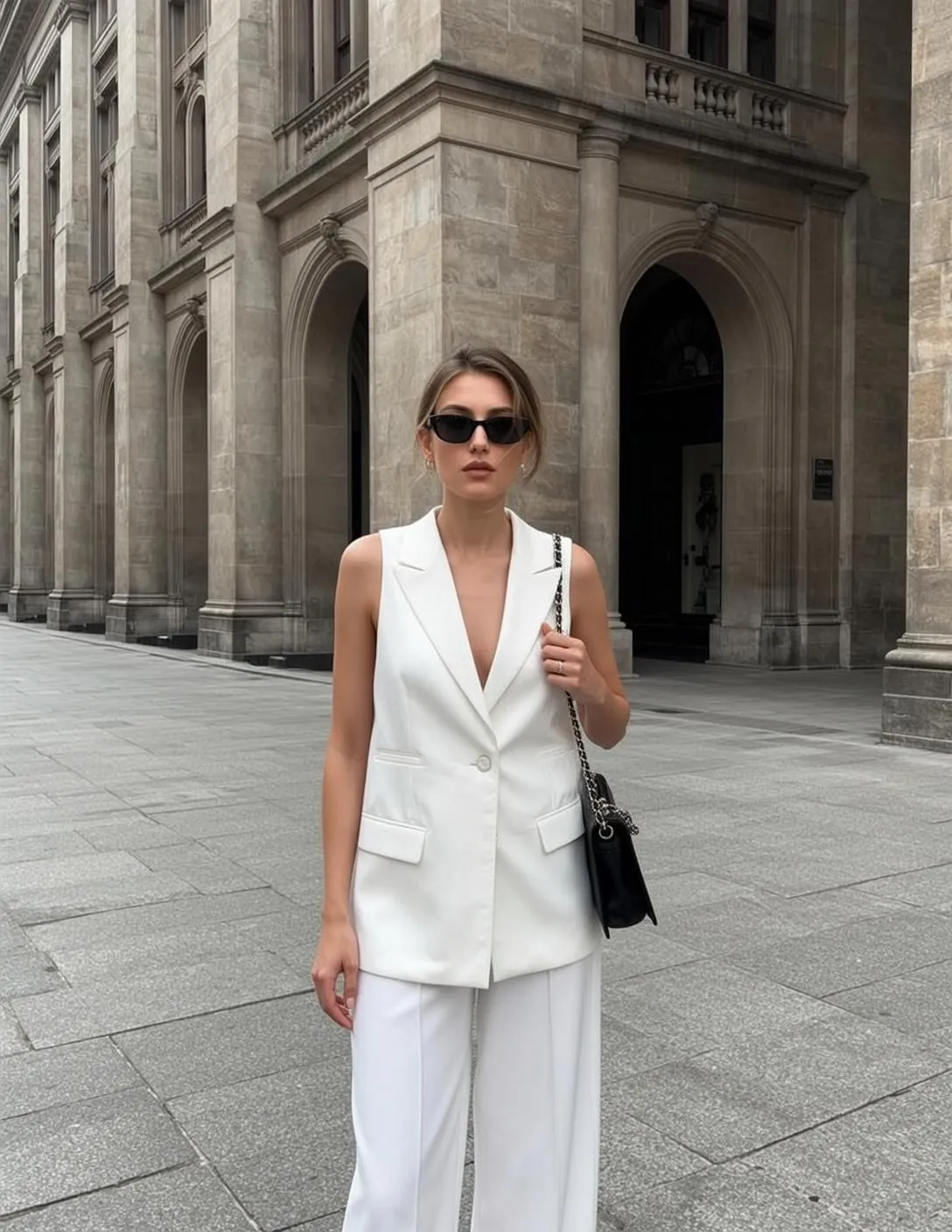 Sunglasses And Jewelry With White Suit On A Street