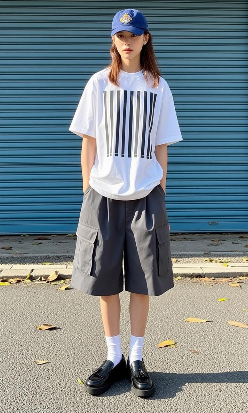 Barcode Tee and Dark Grey Cargo Shorts on Street Scene