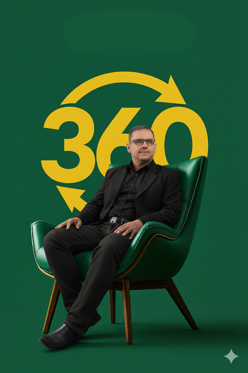 Hombre sentado en silla de cuero verde oscuro, vestido de traje negro con actitud seria, fondo verde sólido y número '360' en amarillo.