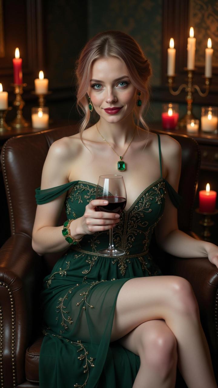 Emerald Gown Holding Wine Glass In Candlelit Room