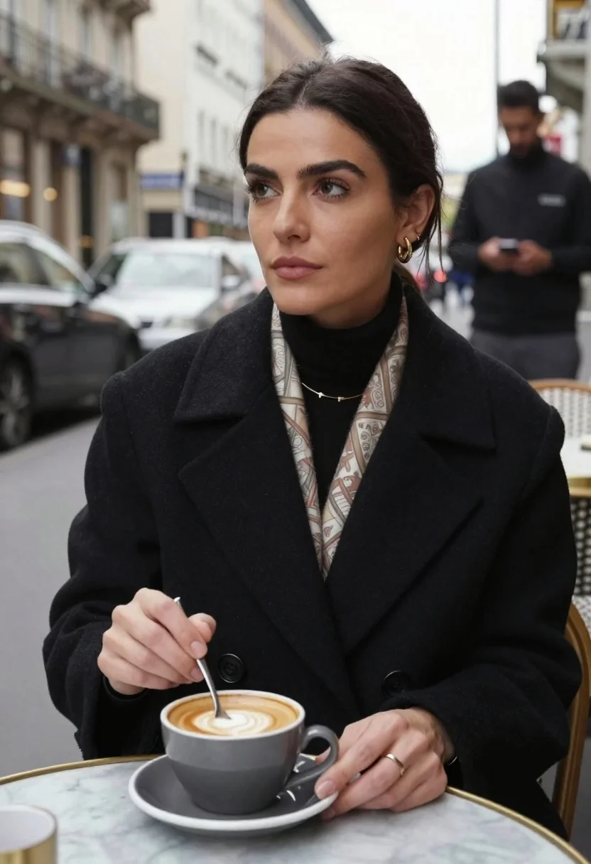 Woman Sits Outdoor Cafe Table Stirring Cup Coffee With Spoon