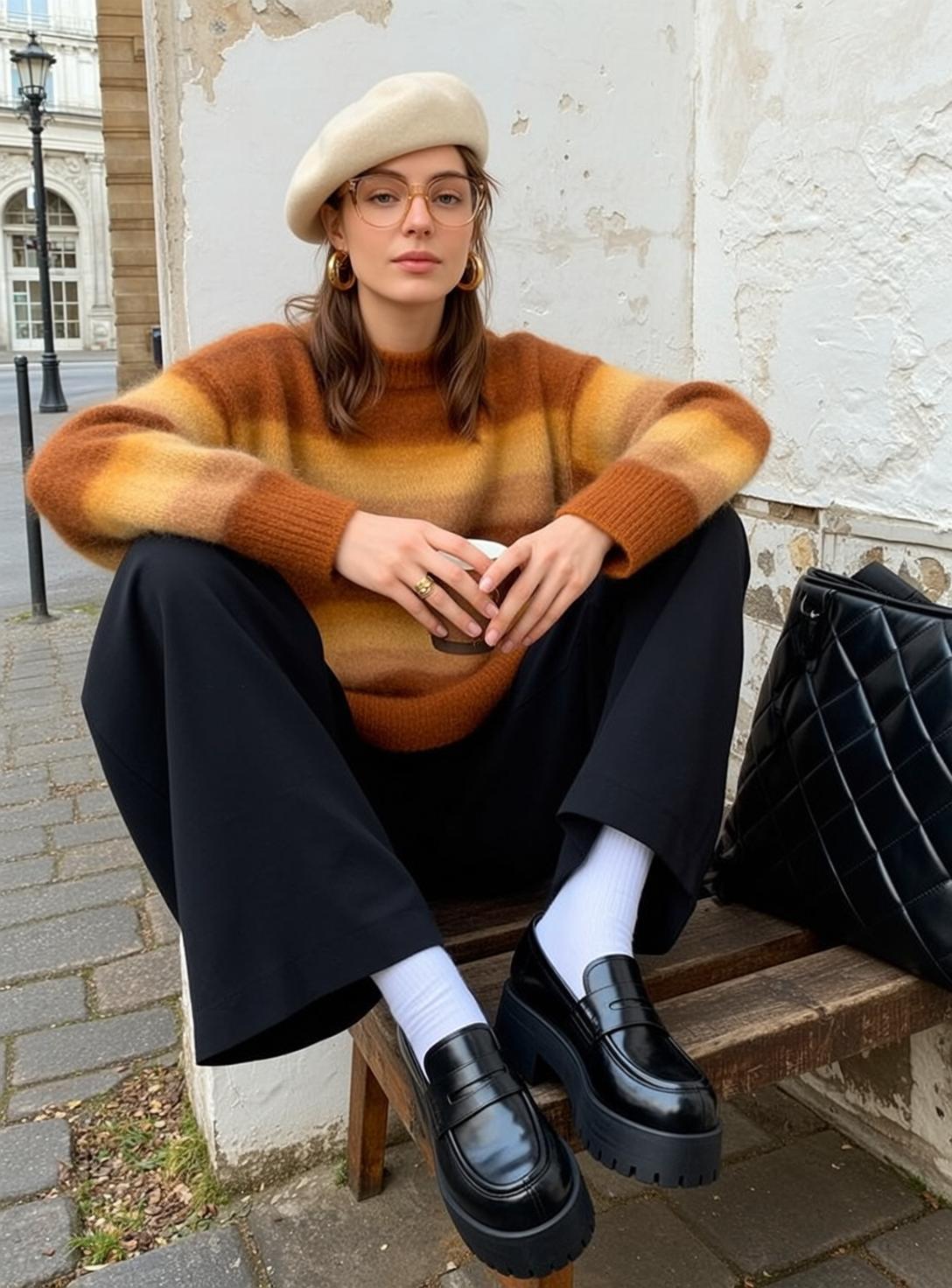Casual Young Brown Shoulder-length Fair Striped Sweater