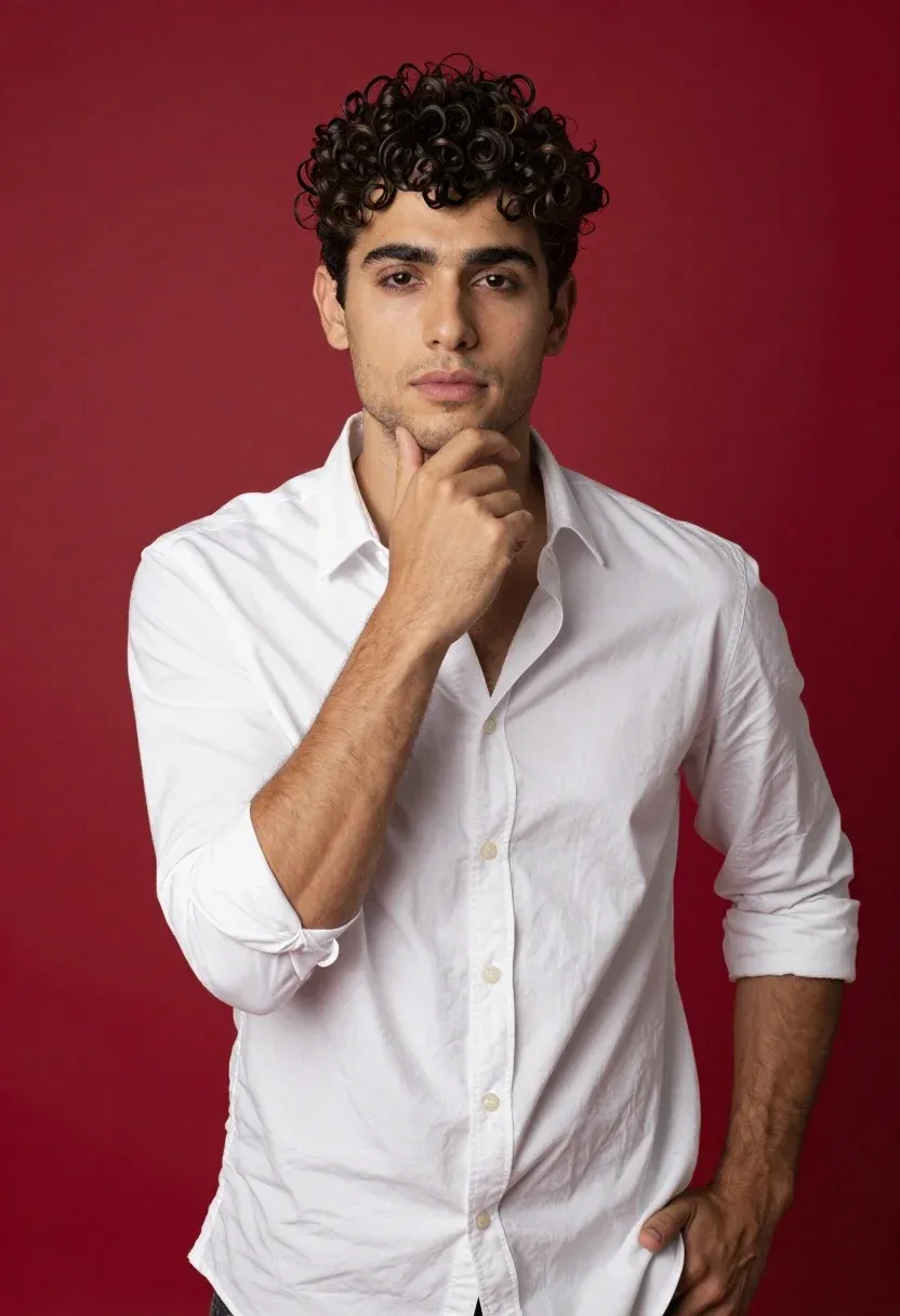 Handsome Young Man With Dark Curly Hair Stands Against Solid