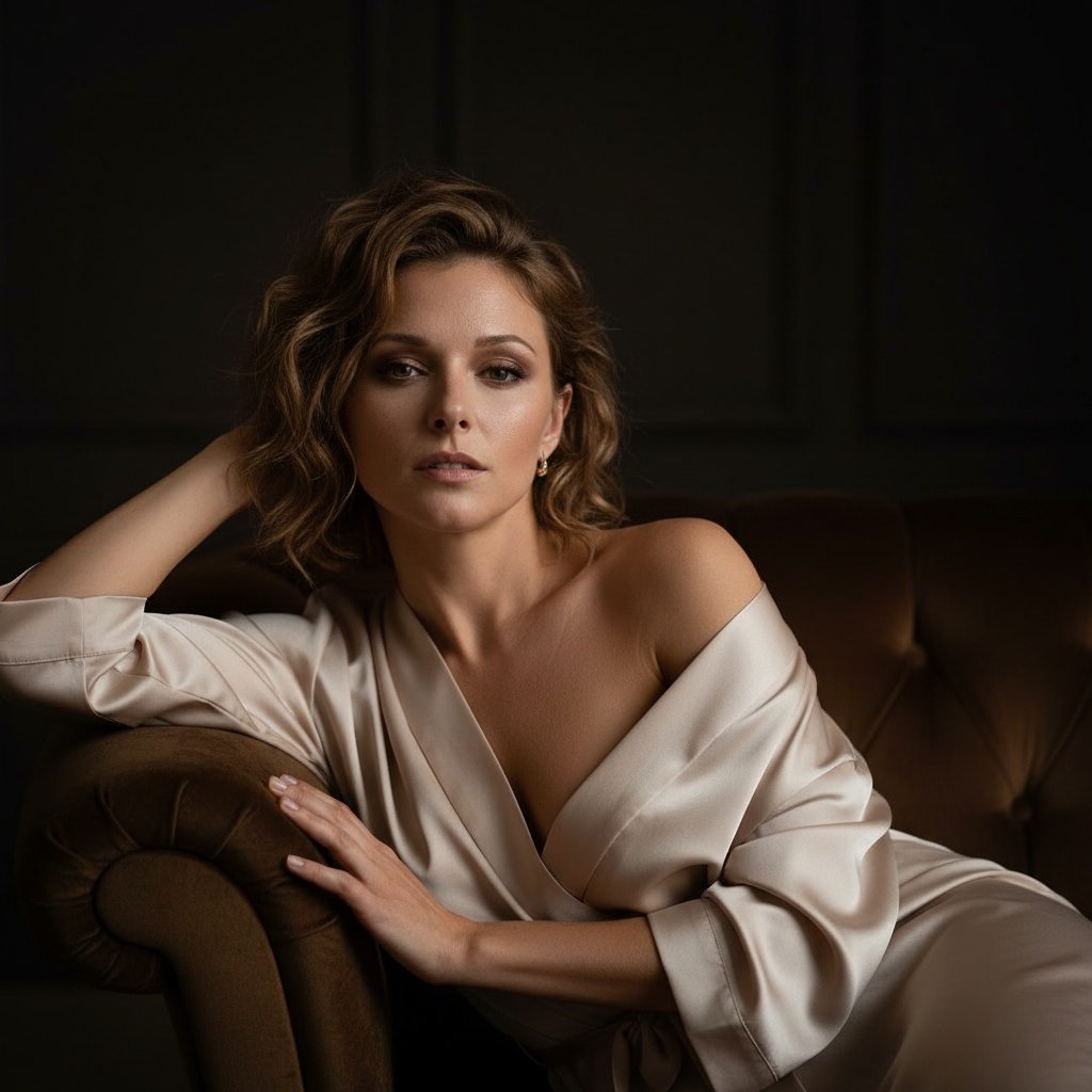 A woman reclines on a dark brown velvet sofa, wearing a light beige satin robe, highlighted by dramatic lighting.