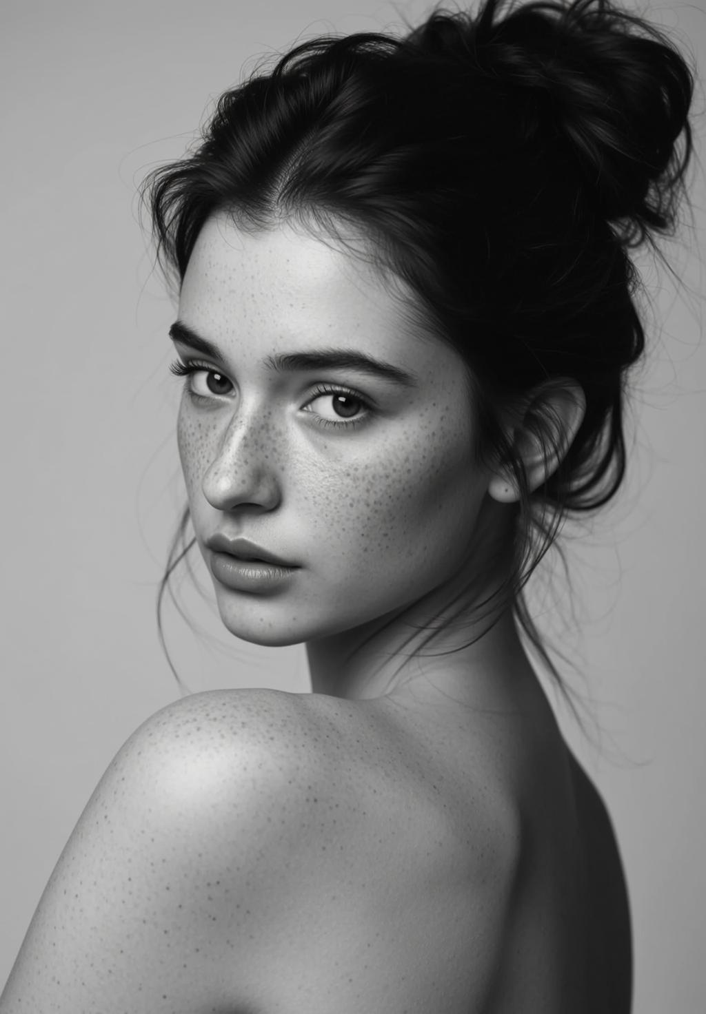 Photorealistic Black And White Portrait Young Woman With Scattering Freckles