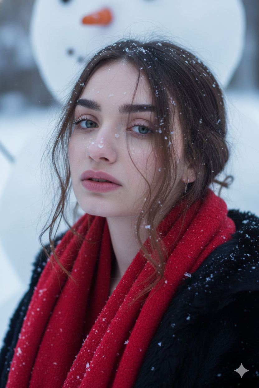 Close-up of a woman in a snow setting, snowflakes on her dark brown hair and lips, wearing a red scarf and fur coat.