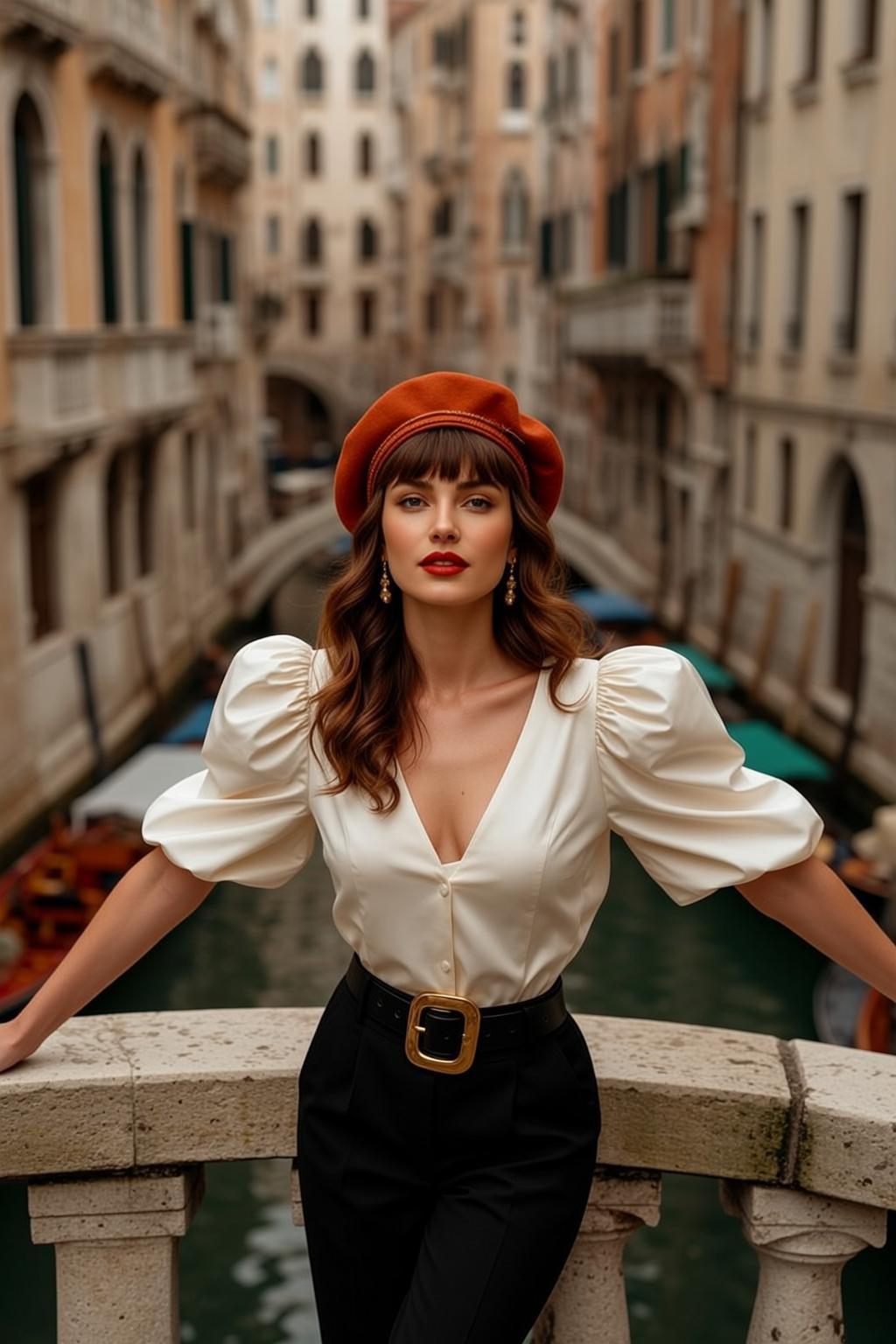 Venice Woman White Blouse Gold Earrings Bridge Gondolas