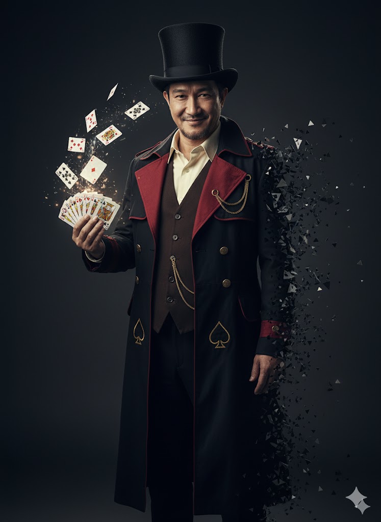 A middle-aged Asian man in a black top hat, floating cards, and a long black coat dissolving into fragments, captured in cinematic lighting.
