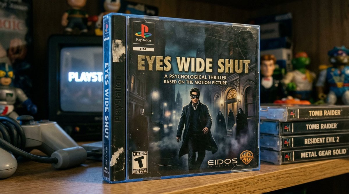 Photorealistic depiction of a Playstation 1 game case featuring a fictional movie tie-in game with accurate materials and vivid details.