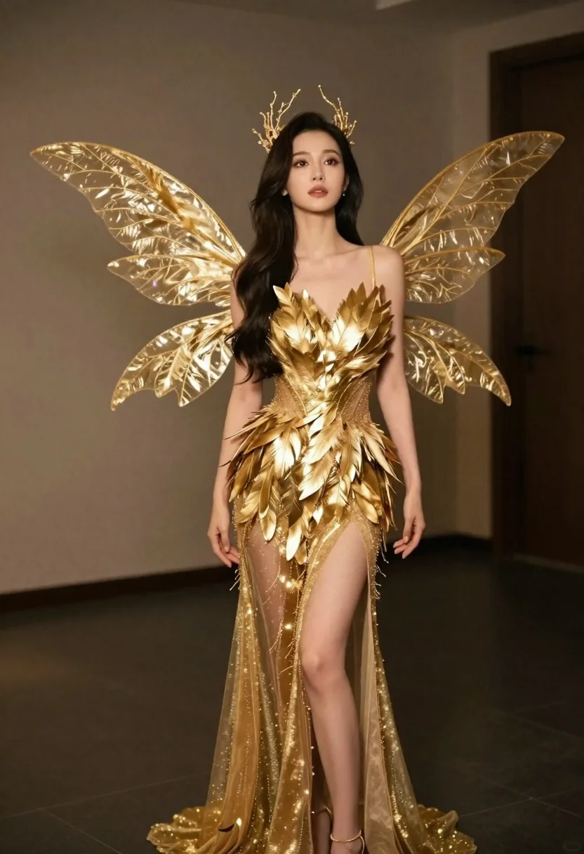 Woman Dressed Golden Fairy Stands Confidently Indoor Setting Subject Woman