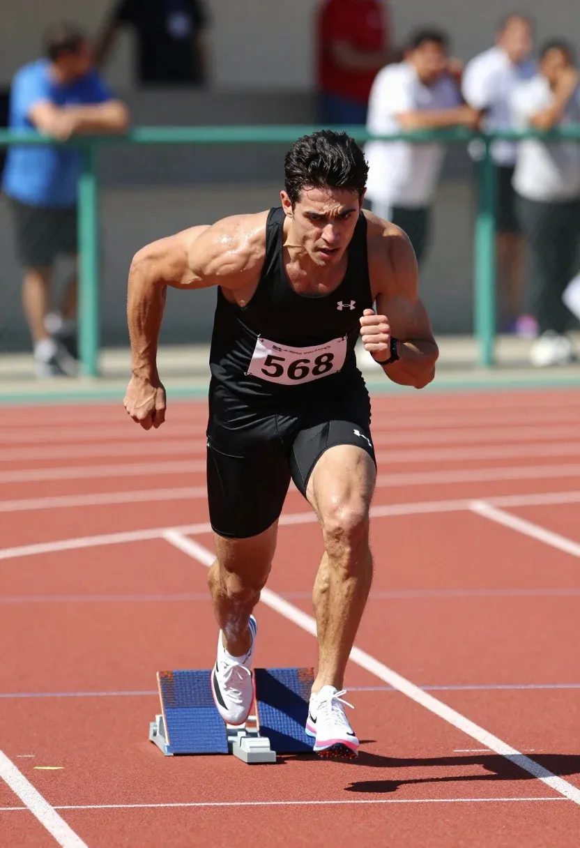 Muscular Man Black Athletic Tank Top And Shorts Sprints Forward