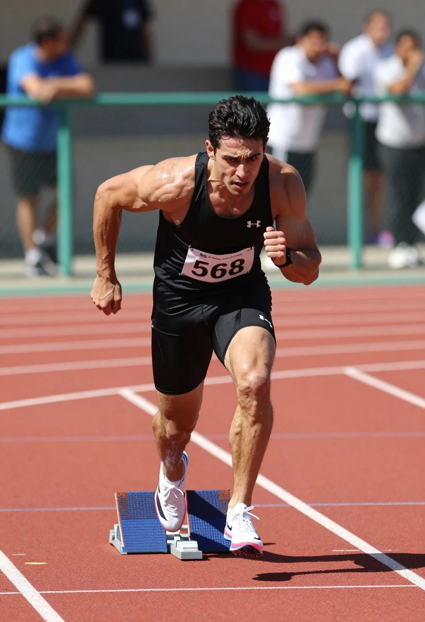 Muscular Man Black Athletic Tank Top And Shorts Sprints Forward