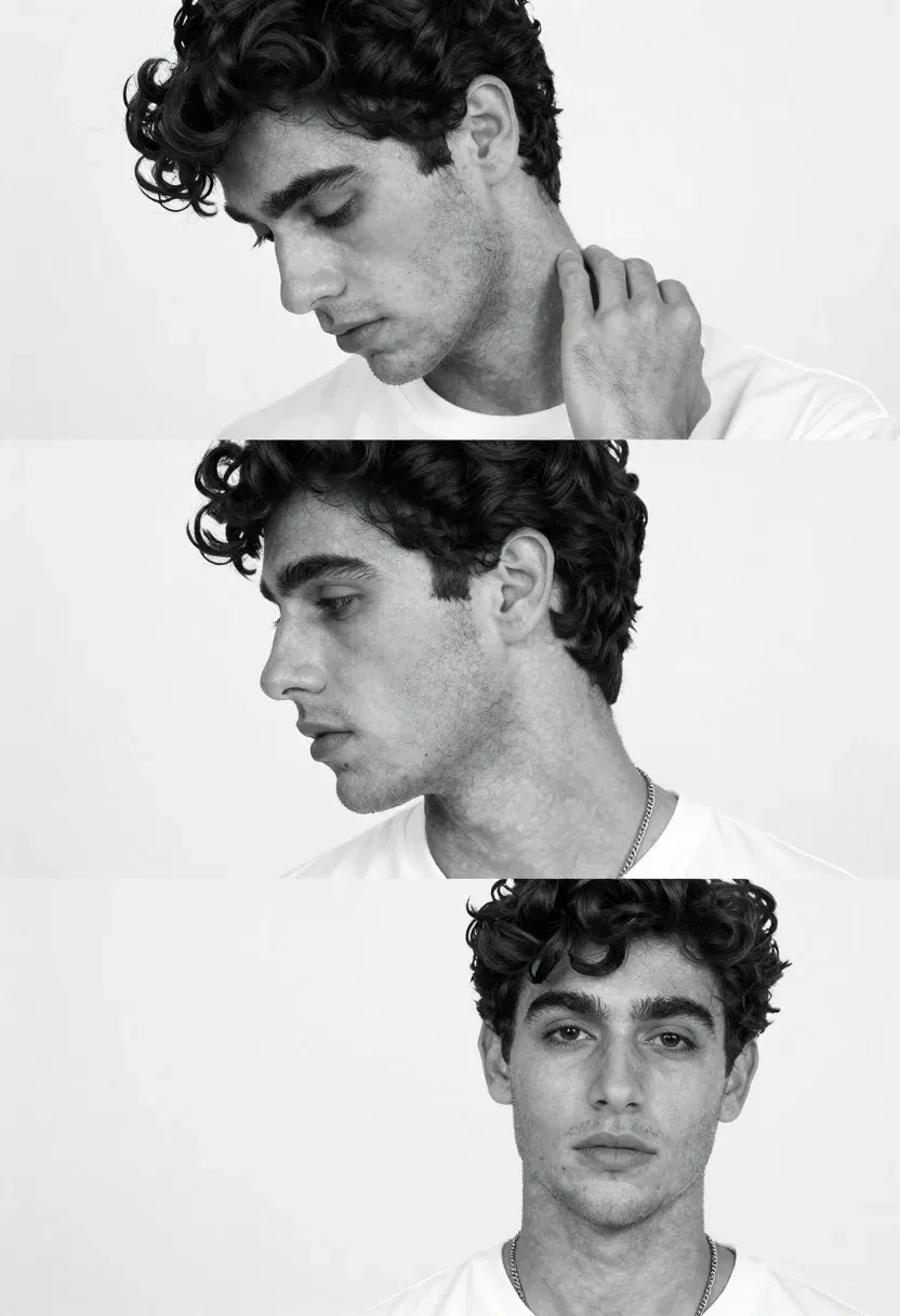 Black And White Triptych Portrait Young Man With Dark Curly
