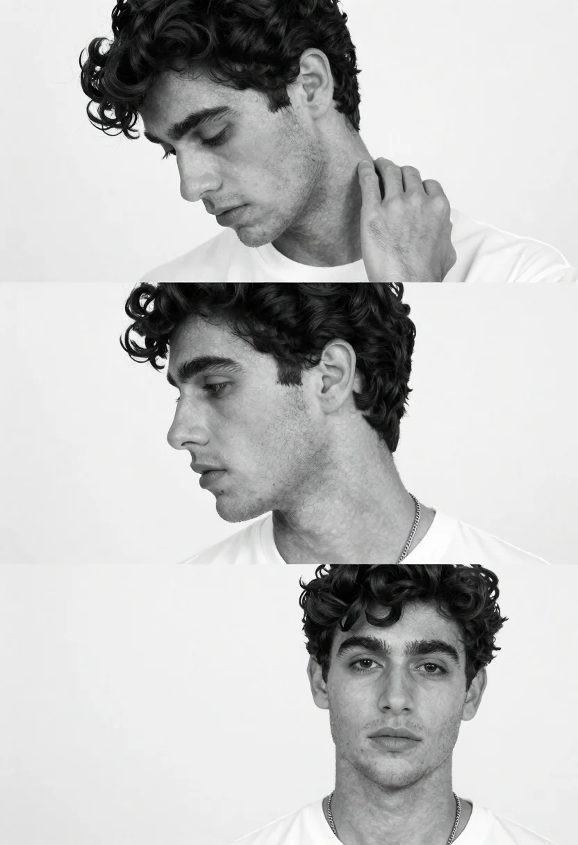 Black And White Triptych Portrait Young Man With Dark Curly