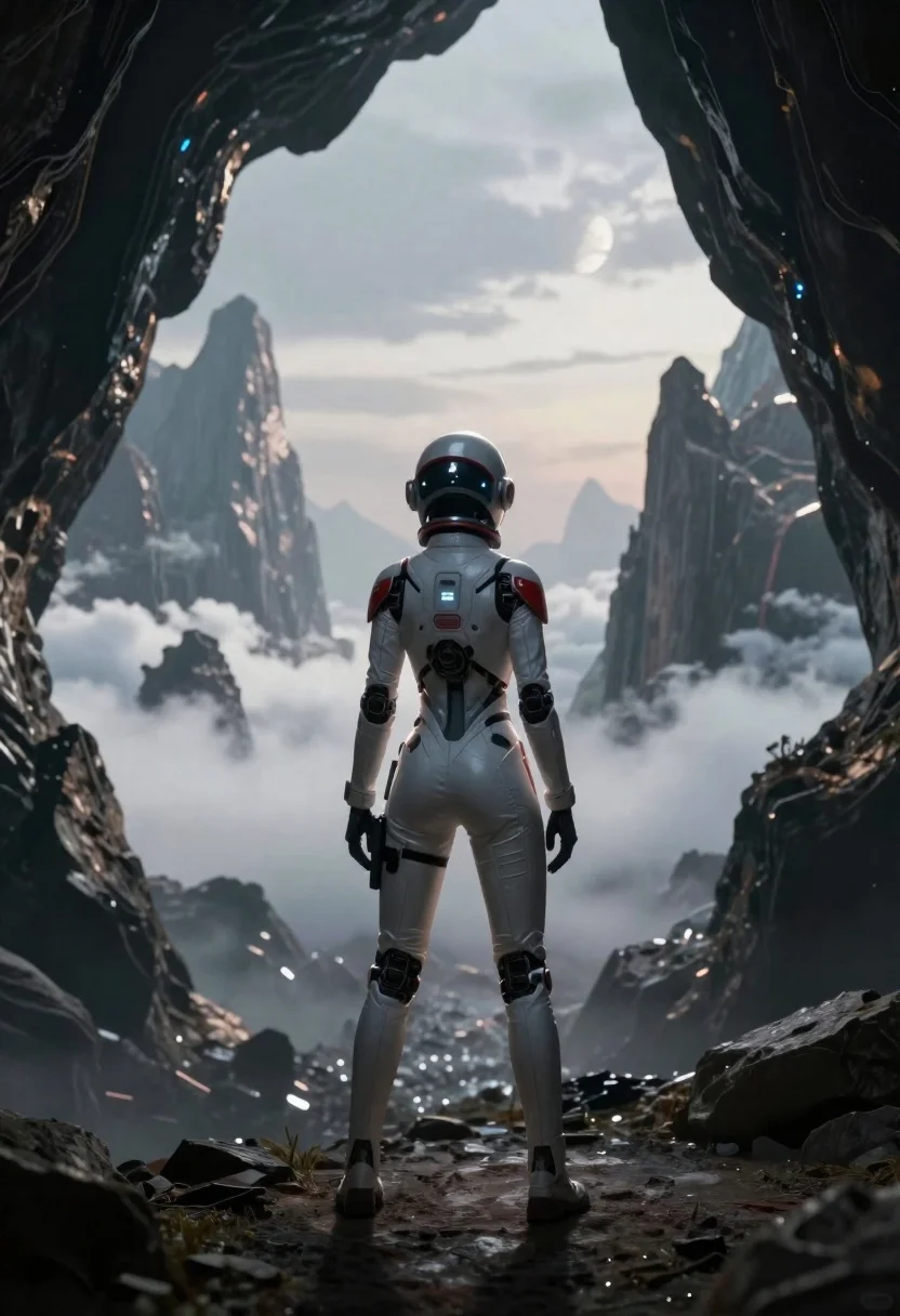 Futuristic Female Astronaut Stands The Entrance Dark Cave Opening Onto reference photo