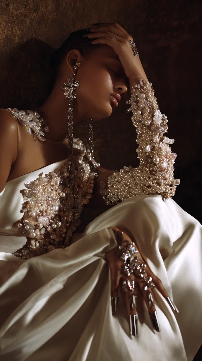 Earrings And Rings And Manicure With Cream Silk Gown