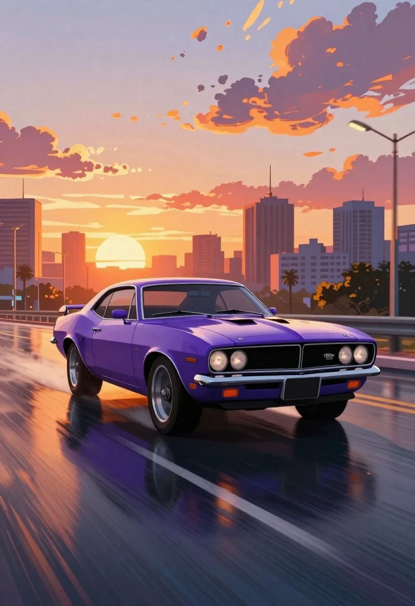 Subject Sleek Purple Classic Muscle Car With Long Hood And reference photo