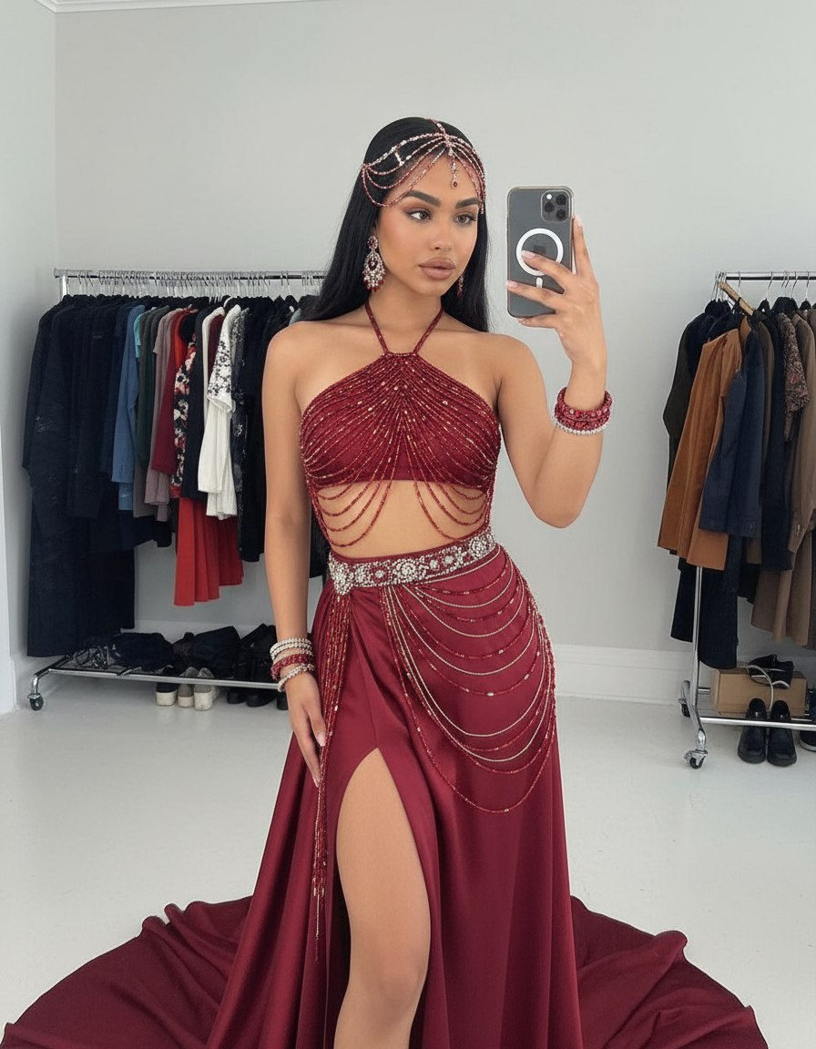 A model in a rich red East Asian couture outfit poses for a mirror selfie, showcasing the luxurious fabric and intricate beadwork.
